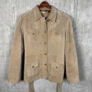 vtg Dickies Mens Tan Suede Leather Field Safari Jacket Belted Tan Sand Small